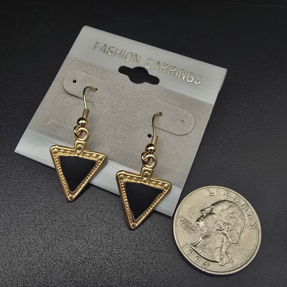 Black Gold Tone Triangle Earrings Vintage 1990s NOS On Card - Picture 2 of 8